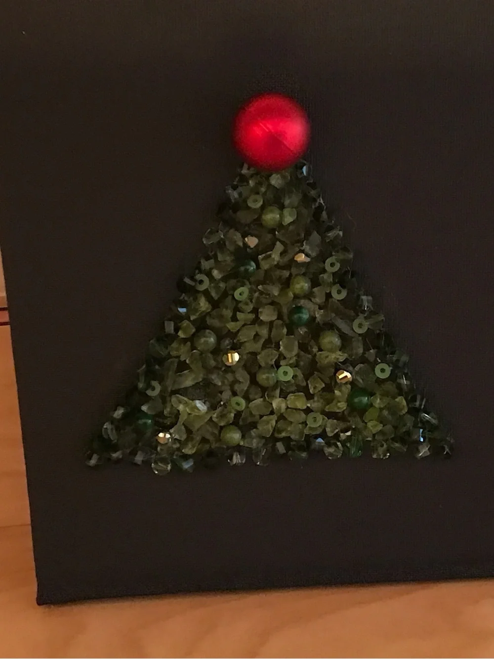 Hand crafted Green Beaded Holiday Tree Canvas with Red Ornament Accent